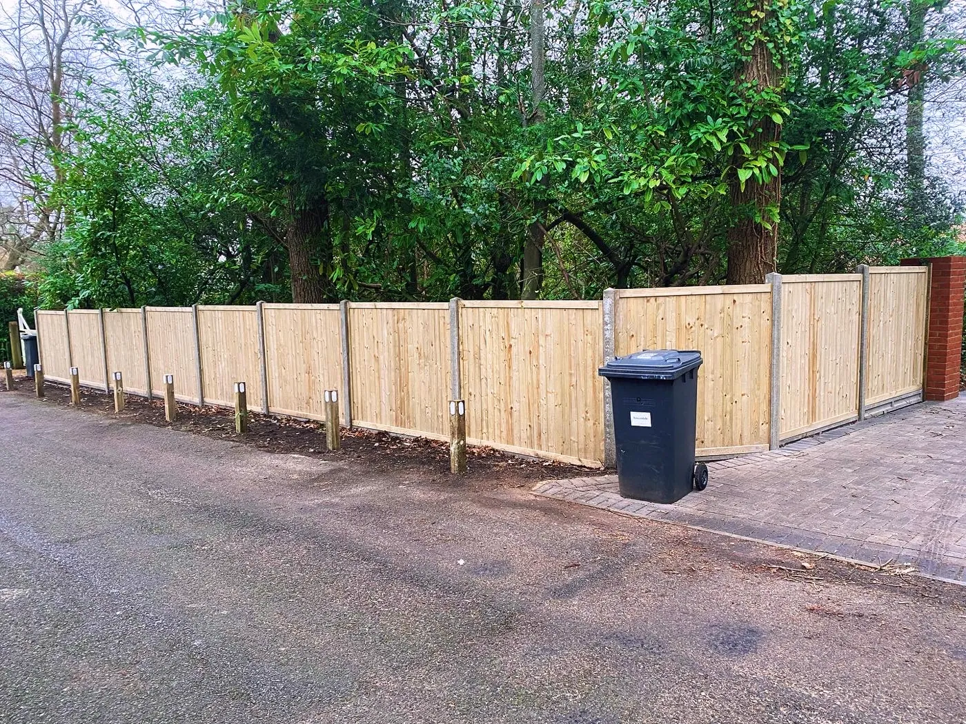 Long run of new garden fence panels along a driveway boundary